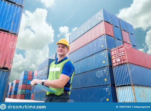 portrait engineering man wearing uniform safety suit helmet industrial containers shipping logistics import export 185097983